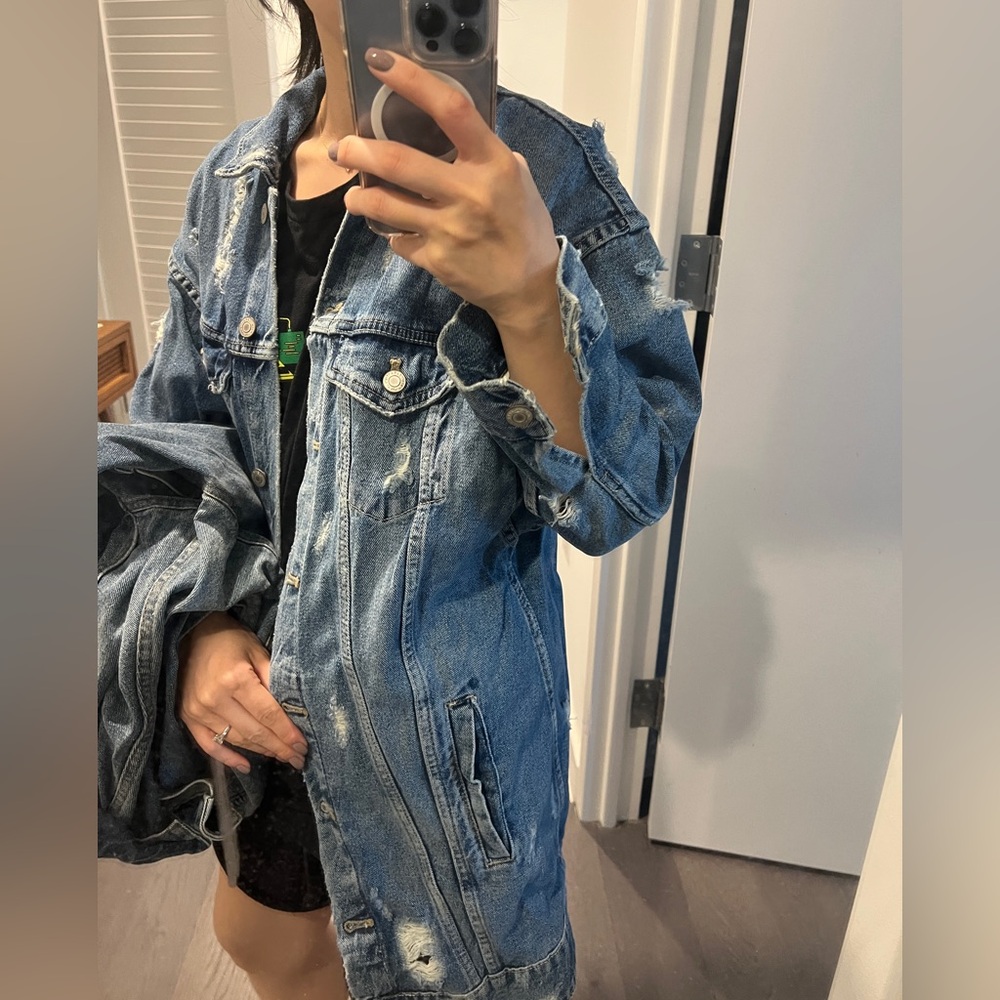 Zara Distressed Blue Long Denim Jacket